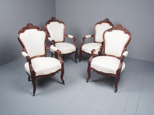 ANTIQUE SET OF 4 CARVED MAHOGANY ARMCHAIRS - ADDITIONAL PHOTO 3