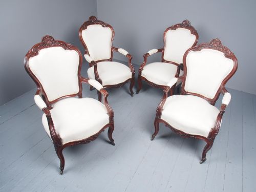 ANTIQUE SET OF 4 CARVED MAHOGANY ARMCHAIRS - ADDITIONAL PHOTO 4