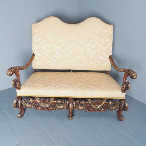 Charles II Style Gilded Walnut Humpback Sofa