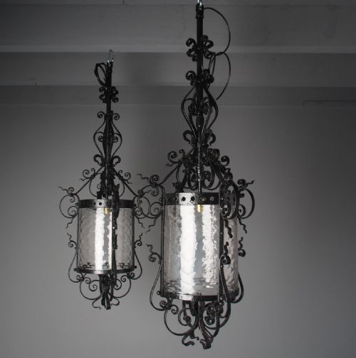 PAIR OF 1920S BLACKSMITH MADE CAST IRON HALL LANTERNS - ADDITIONAL PHOTO 1