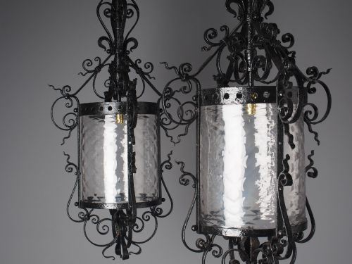 PAIR OF 1920S BLACKSMITH MADE CAST IRON HALL LANTERNS - ADDITIONAL PHOTO 2