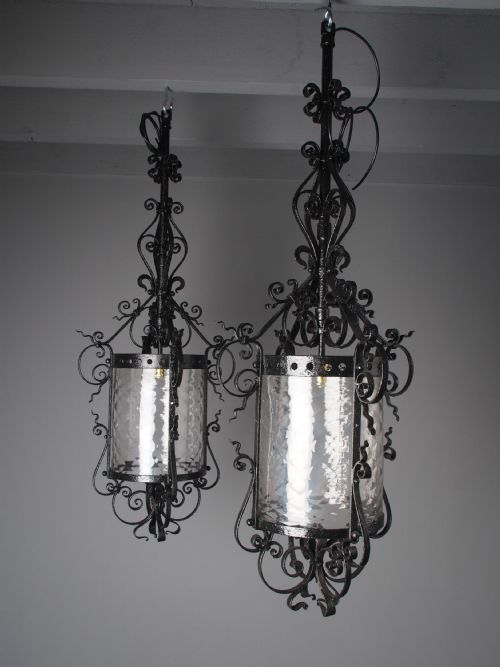 PAIR OF 1920S BLACKSMITH MADE CAST IRON HALL LANTERNS - ADDITIONAL PHOTO 3