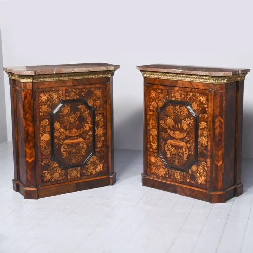 Pair of Exhibition Quality Marquetry-inlaid Marble Top Side Cabinets