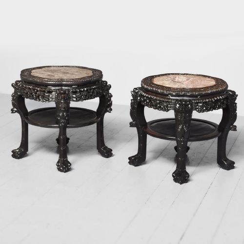 Matched Pair of Very Large Qing Dynasty Chinese Hongmu Marble Top Plant Stands