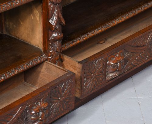 LATE VICTORIAN FLEMISH CARVED OAK OPEN BOOKCASE - ADDITIONAL PHOTO 3
