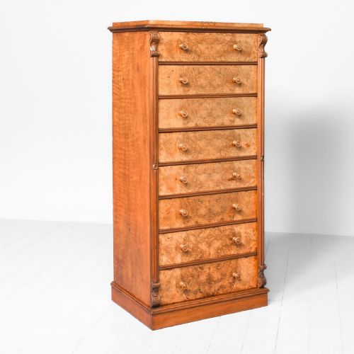 Victorian Burr Walnut Wellington Chest of Drawers