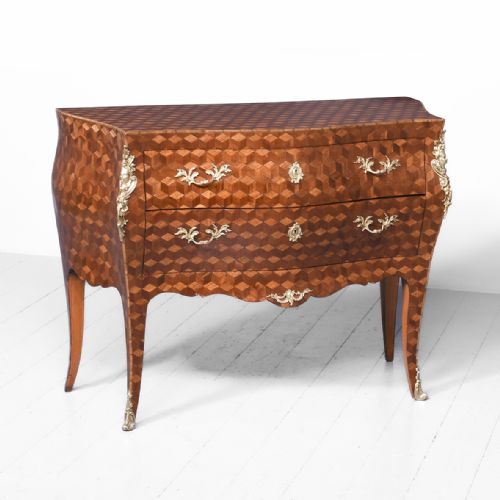 Exceptional Bombe-front French Parquetry Mahogany Commode