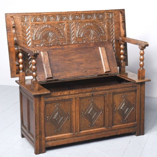 LARGE FINELY CARVED VICTORIAN OAK MONKS BENCH - ADDITIONAL PHOTO 8