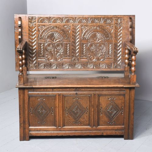 LARGE FINELY CARVED VICTORIAN OAK MONKS BENCH - ADDITIONAL PHOTO 11