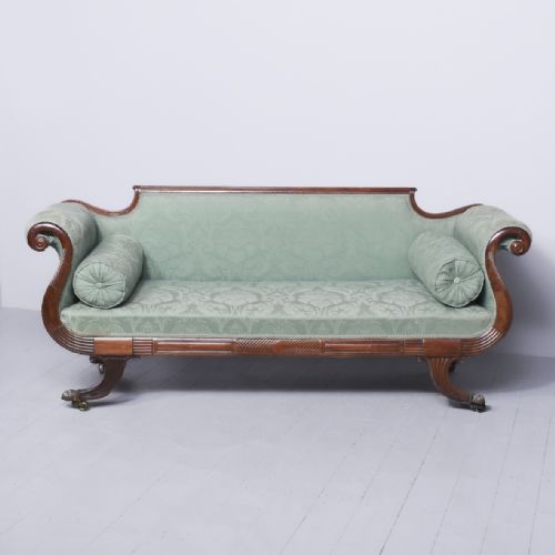Exceptional Quality Large Mahogany Regency Sofa in Green Upholstery