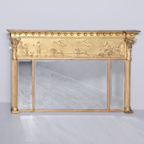 Regency Neoclassical- Decorated Giltwood Triptych Overmantel Mirror
