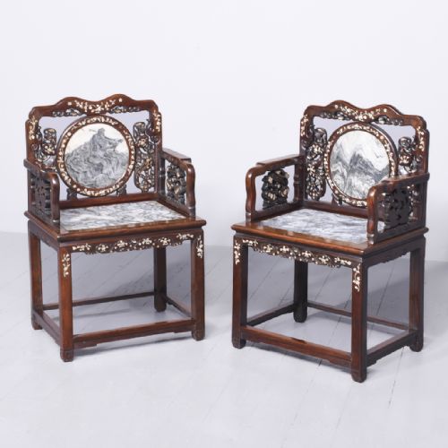 Pair of Huanghuali Mother of Pearl and Marble Armchairs