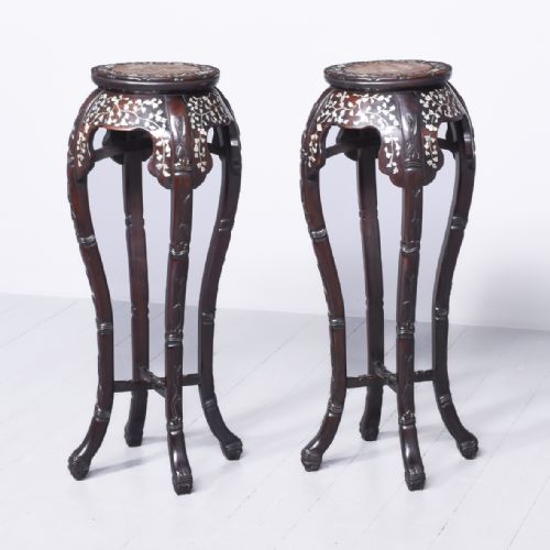 Rare Pair of Chinese, Tall, Mother-of-pearl Inlaid Hongmu Plant Stands