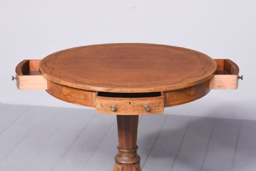 MAHOGANY AND INLAID DRUM TABLE STAMPED JAMES SCHOOLBRED CO - ADDITIONAL PHOTO 3