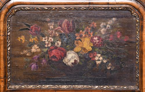 GEORGE I STYLE GILDED WALNUT WALL MIRROR WITH INSET HANDPAINTED FOLIATE PANEL - ADDITIONAL PHOTO 2