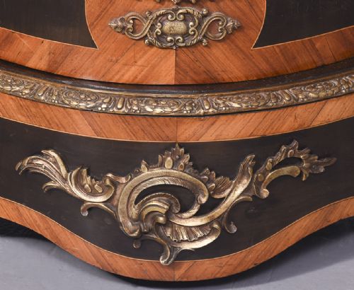 SERPENTINE FRONTED MARBLE TOPPED MARQUETRY AND BRASS INLAID CABINET - ADDITIONAL PHOTO 1