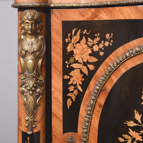 SERPENTINE FRONTED MARBLE TOPPED MARQUETRY AND BRASS INLAID CABINET - ADDITIONAL PHOTO 3