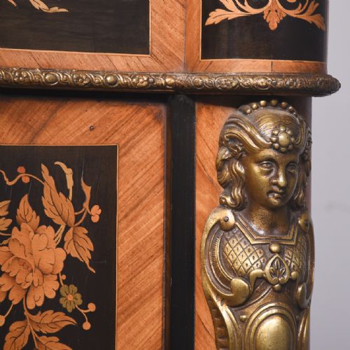 SERPENTINE FRONTED MARBLE TOPPED MARQUETRY AND BRASS INLAID CABINET - ADDITIONAL PHOTO 4