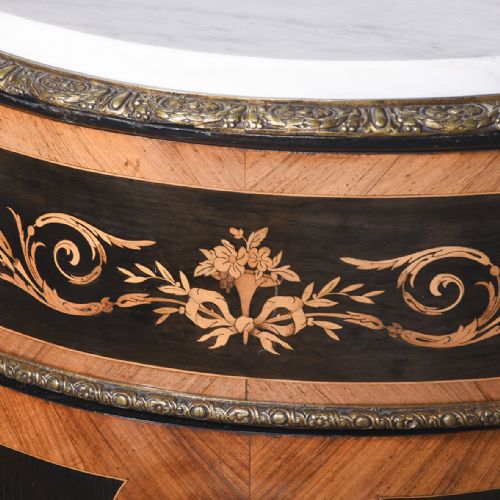 SERPENTINE FRONTED MARBLE TOPPED MARQUETRY AND BRASS INLAID CABINET - ADDITIONAL PHOTO 6