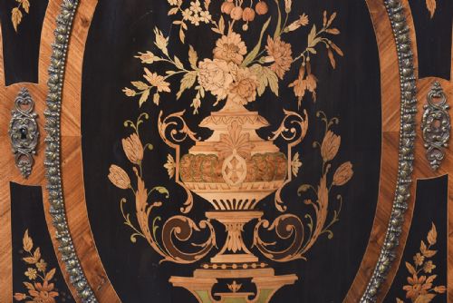 SERPENTINE FRONTED MARBLE TOPPED MARQUETRY AND BRASS INLAID CABINET - ADDITIONAL PHOTO 8