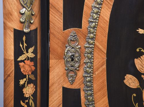 SERPENTINE FRONTED MARBLE TOPPED MARQUETRY AND BRASS INLAID CABINET - ADDITIONAL PHOTO 9