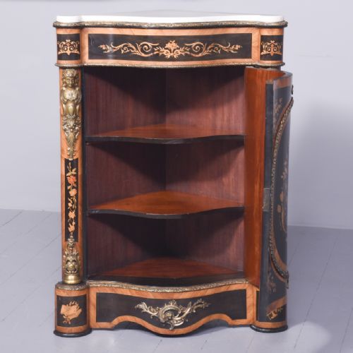 SERPENTINE FRONTED MARBLE TOPPED MARQUETRY AND BRASS INLAID CABINET - ADDITIONAL PHOTO 11