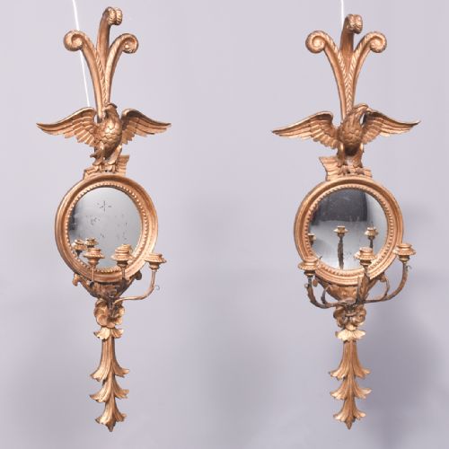 Pair of Convex Mirrored 3 Branch Wall Sconces