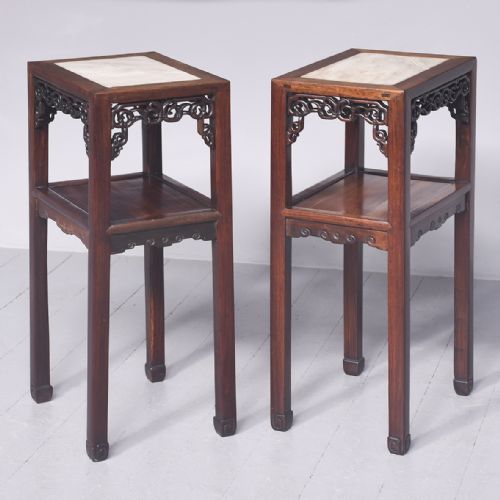Pair of Hongmu Marble Inset Chinese Lampstands or Side Tables