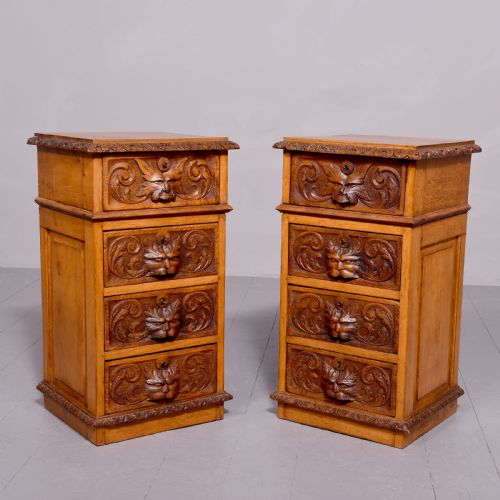 Pair of Victorian Flemish Green Man Carved Oak Bedside Lockers