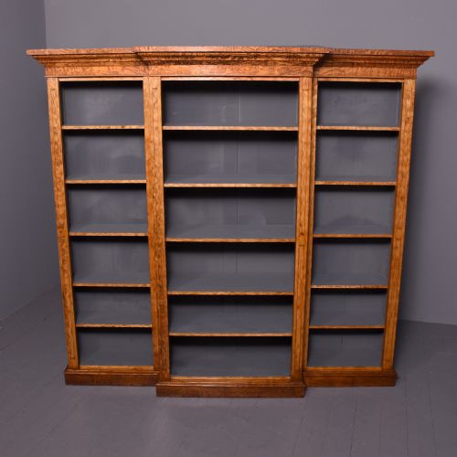 Mid Victorian Tall, Figured Golden Elm Breakfront, 3-Section Open Bookcase