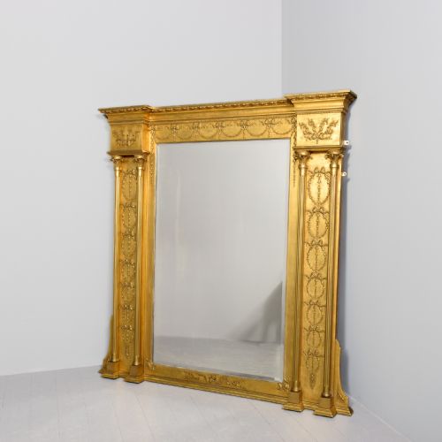 LARGE GILTWOOD NEOCLASSICAL STYLE 19THCENTURY OVERMANTEL MIRROR WITH NEOCLASSICAL DECORATIONS