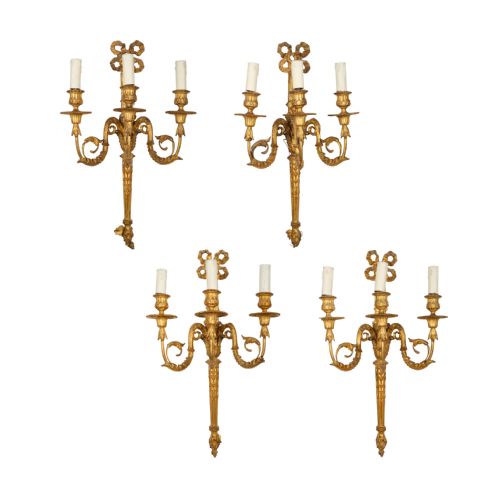 SET OF FOUR ADAM STYLE THREE ARM GILDED WALL SCONCES - ADDITIONAL PHOTO 5