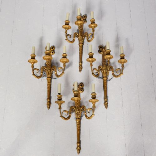 SET OF FOUR ADAM STYLE THREE ARM GILDED WALL SCONCES - ADDITIONAL PHOTO 10