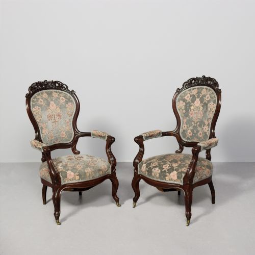 PAIR OF GENEROUSLYSIZED VICTORIAN CARVED ROSEWOOD CABRIOLE LEG ARMCHAIRS