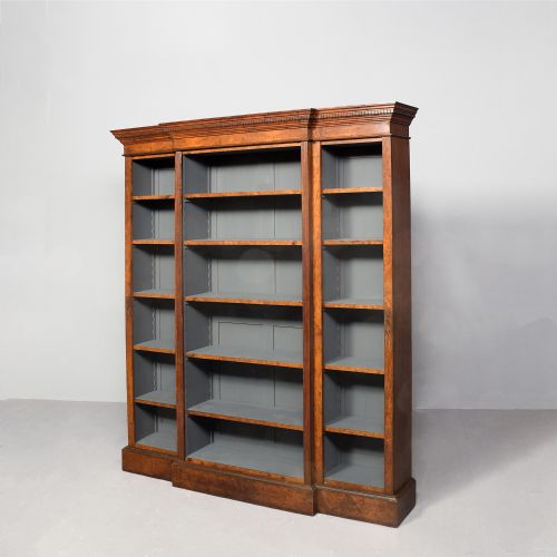 UNUSUAL VICTORIAN POLLARD AND QUARTERCUT OAK THREESECTION TALL BREAKFRONT OPEN BOOKCASE