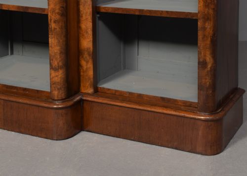MIDVICTORIAN BURR WALNUT THREESECTION BREAKFRONT OPEN BOOKCASE WITH 5 ADJUSTABLE SHELVES - ADDITIONAL PHOTO 3