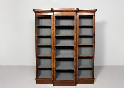 MIDVICTORIAN BURR WALNUT THREESECTION BREAKFRONT OPEN BOOKCASE WITH 5 ADJUSTABLE SHELVES - ADDITIONAL PHOTO 6