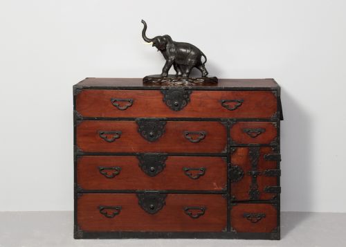 JAPANESE BRONZE ELEPHANT WITH IVORY TUSKS ON NATURALISTIC BASE