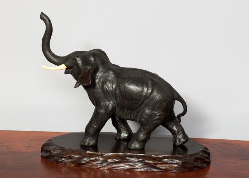 JAPANESE BRONZE ELEPHANT WITH IVORY TUSKS ON NATURALISTIC BASE - ADDITIONAL PHOTO 1