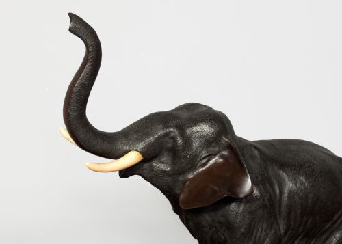 JAPANESE BRONZE ELEPHANT WITH IVORY TUSKS ON NATURALISTIC BASE - ADDITIONAL PHOTO 2
