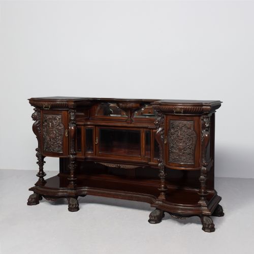MAGNIFICENT LATE VICTORIAN CARVED MAHOGANY CABINET WITH MIRRORBACK AND CUPBOARDS
