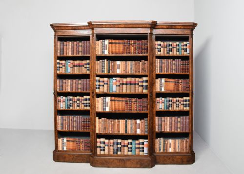 Quality Early Victorian, 3-Section, Breakfront Burr Walnut Open Bookcase with Adjustable Shelves.