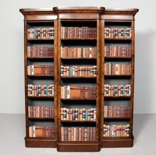 Mid-victorian, Burr Walnut Three-section Breakfront, Open Bookcase with 5 Adjustable Shelves