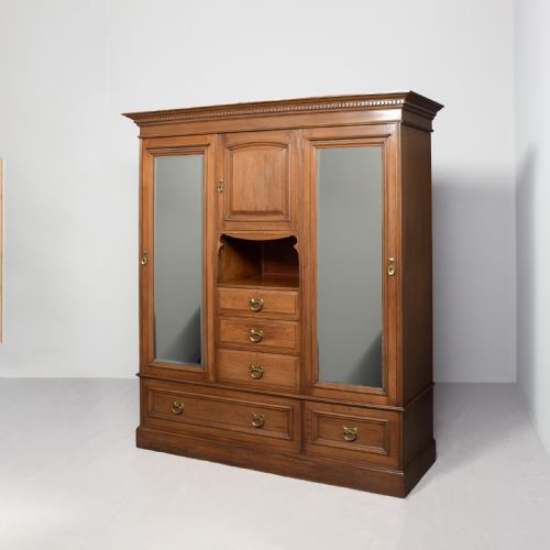 Art Nouveau-influenced Three-section Straight-grained Walnut Wardrobe