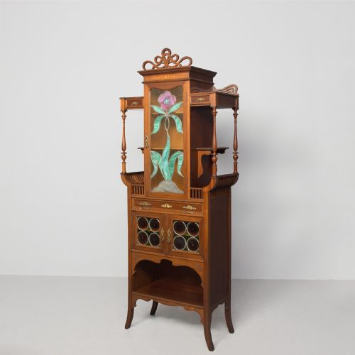 Rare Art Nouveau Stained Glass and Inlaid Mahogany Cabinet in Exceptional Condition
