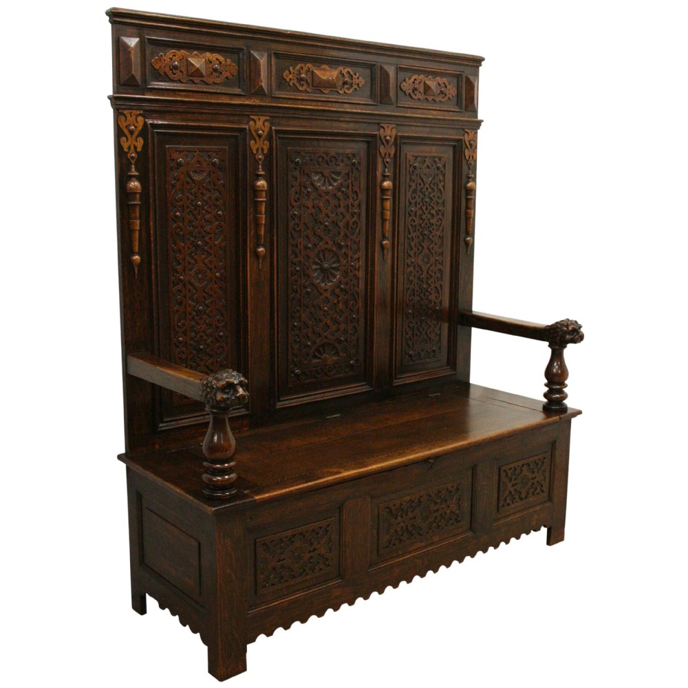 Victorian Carved Oak Monks Bench