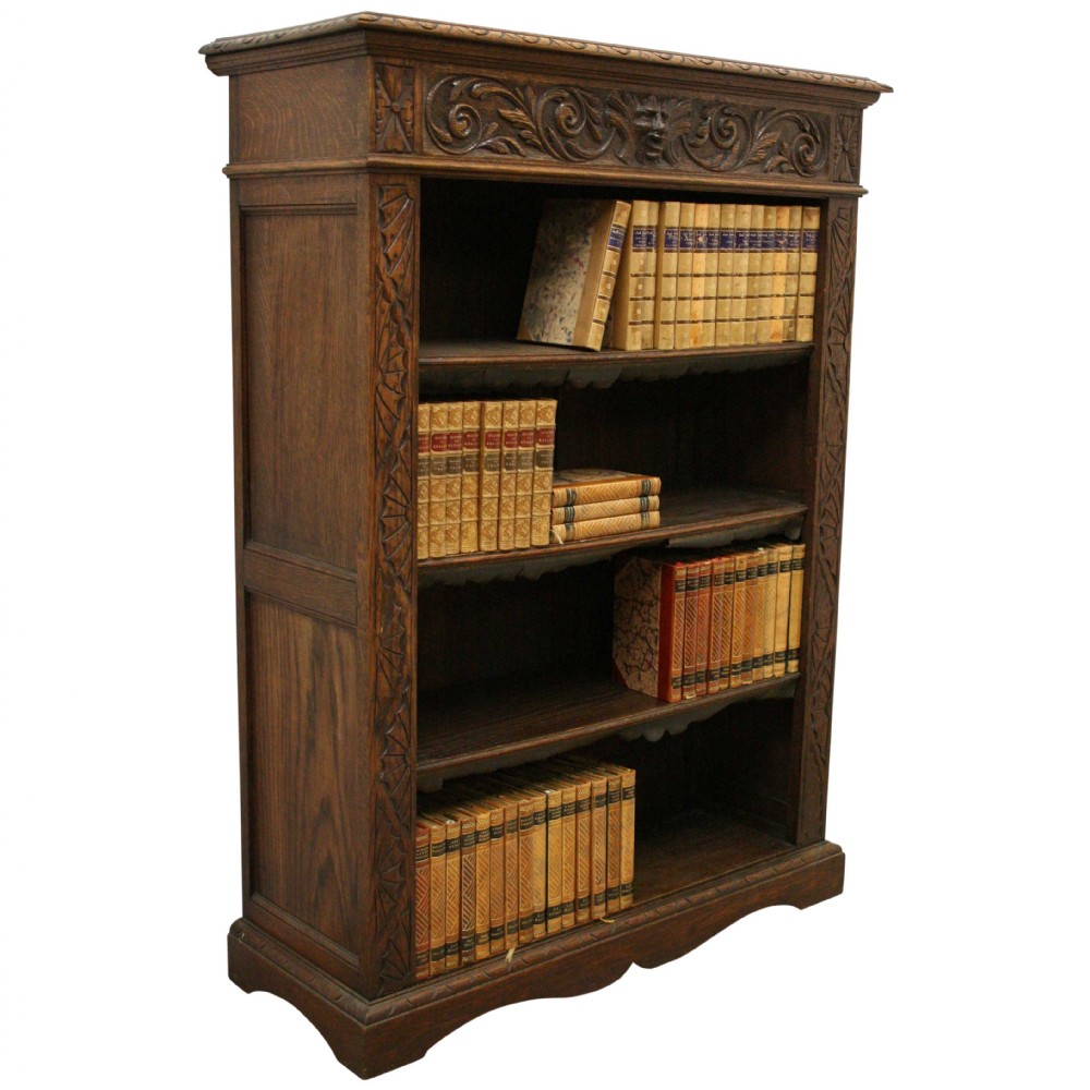 Jacobean Revival Carved Oak Open Bookcase