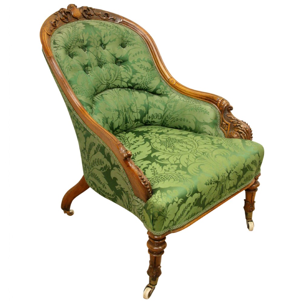 Mid Victorian Carved Walnut Ladies Easy Chair