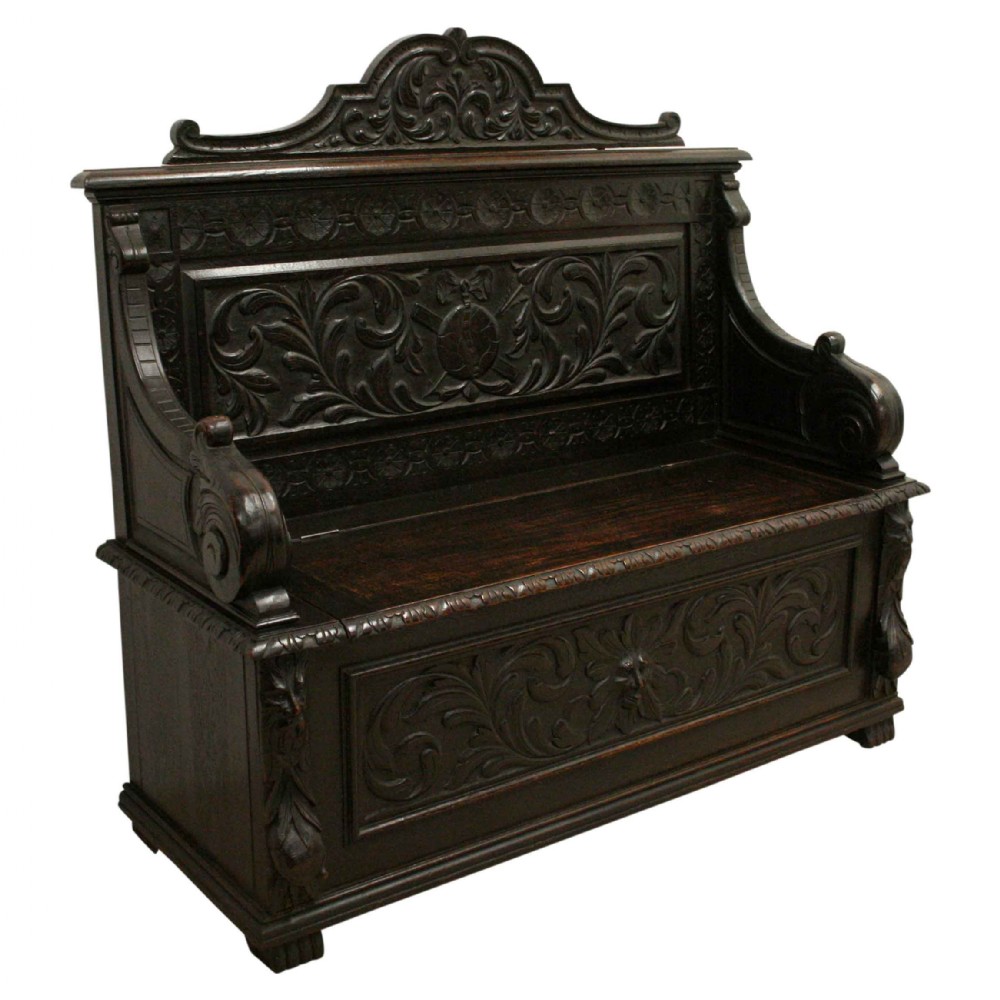Flemish Carved Oak Monks Bench