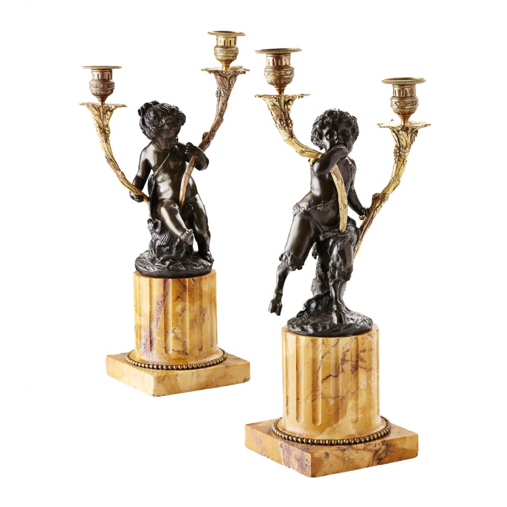 Pair of French Gilt and Patinated Bronze Candelabra